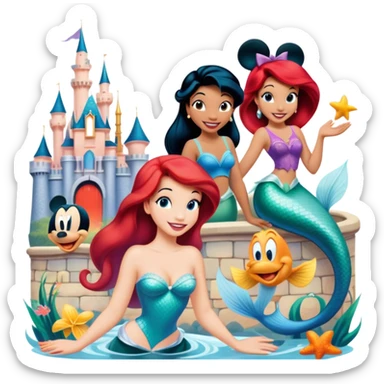 A vibrant collage featuring iconic characters like one Goofy, one Mickey Mouse, one Ariel the Little Mermaid, one Jasmine and one Franco. Each character should be large and bright, set against a cheerful and playful background with Disneyland. Transparent background. sticker
