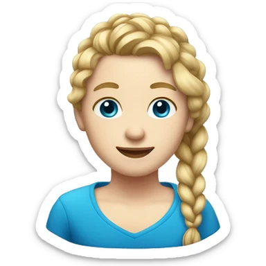 A person who has white skin, dirty blonde hair in 1 braid, blue eyes, red shirt sticker