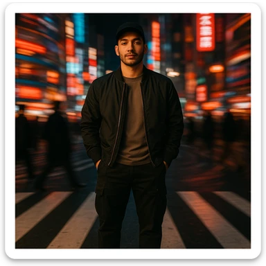 Create a cinematic photo of a Southeast Asian man in his early 30s with medium tan (sawo matang) skin tone and a clean, sharp appearance, standing in the middle of a zebra crosswalk at night in a bustling city like Jakarta or Tokyo. He has a calm, confident expression, eyes slightly squinted, looking forward. He wears a dark bomber jacket over a neutral T-shirt, relaxed-fit cargo pants, clean sneakers, and a black baseball cap forward. Both hands are in his pockets, posture relaxed but solid. The background is a swirl of motion: neon signs, light trails, silhouettes of moving pedestrians, all spinning outward in a spiral blur. Bold, cinematic lighting: soft flash or fill light on his face, background with deep shadows and glowing red, blue, and orange lights. Rich, saturated, slightly warm color palette, 35mm film or high-end fashion editorial look. Urban, edgy, nightlife intensity. Use the reference image for facial structure and vibe. sticker