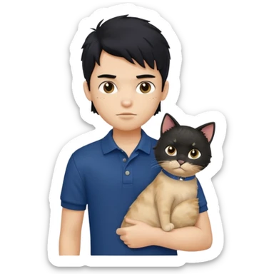 generate a pretty fair bratz boy with a messy mullet (black hair), wearing a dark blue polo.  holding a beige cat sticker