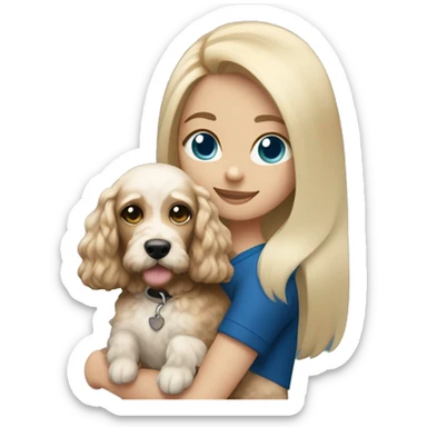 straight blonde hair and dark blue eyed girl holding a white and brown cockapoo dog sticker