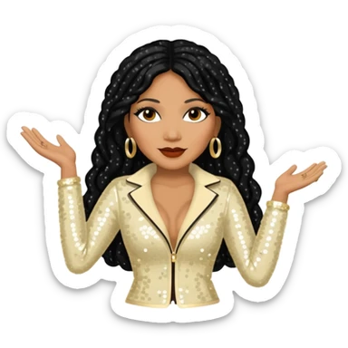 Trina Braxton with long jet black hair, cream sequin outfit sticker