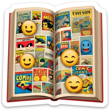detailed and vintage-inspired emoji representing comic magazines and graphic novels as a storytelling art form. a large, open comic book with pages filled with classic American comic book panels. classic feel of old-school comic books a graphic novel. background transparent sticker