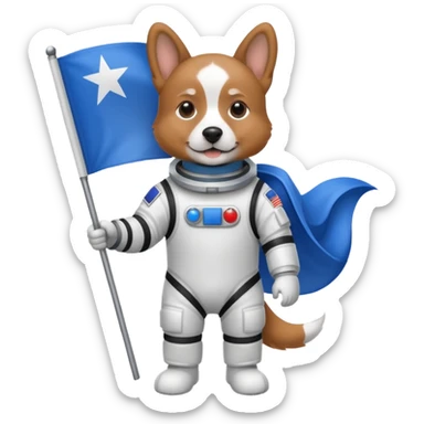 a dog in space suit, holding blue rectangle flag sticker