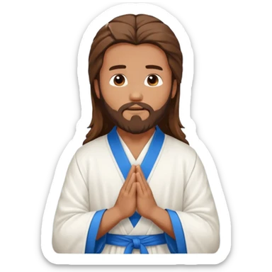 tan man with brown long hair and beard in a white robe and blue sash praying sticker