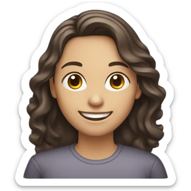 smiling woman with wavy long dark brown hair, typing on a silver laptop sticker