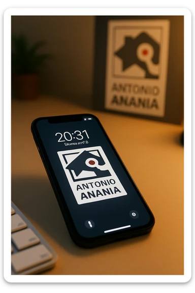 A photo of an iPhone with the message "Antonio Anania" on its screen, The phone sits atop a desk with a blurred background that suggests work environment. A faint glow from above casts gentle shadows across the surface of each object, creating depth and highlighting their textures sticker