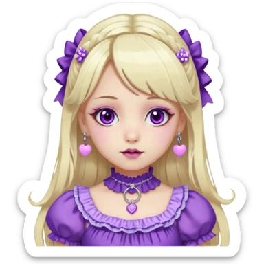 Ai pale girl , who has straight long length blonde and purple swirled hair , hazel eyes , and doll like makeup , with a septum piercing, nostril piercing, in a purple lolita hime gyaru dress emoji sticker