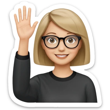 woman dark blonde petite bob haircut wears dark squarish glasses, classic clothes, smiling, waving, a tad older sticker