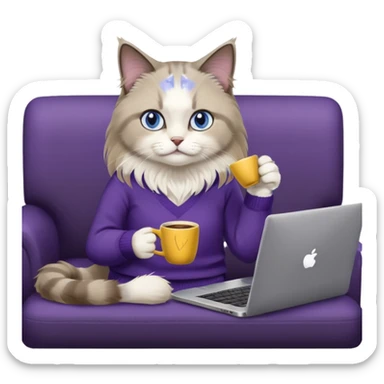 a cute blue eyed brown and white ragdoll cat with white paws and brown and beige tail wearing the dark violet sweater with yellow letteting "Milena" sitting on a grey sofa with grey laptop branded lettering "Lenovo", it` not brand Apple - only Lenovo and drinking coffee sticker