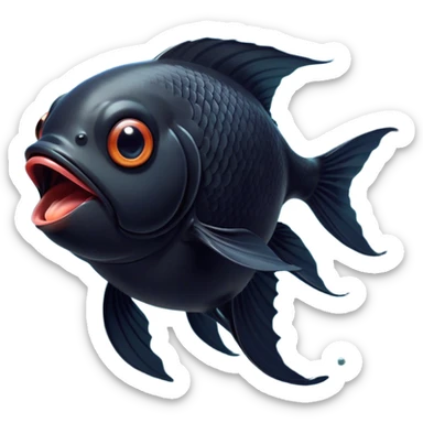Cinematic Cute Yawning Black Goldfish Portrait Emoji, Head tilted slightly with a dramatic, wide-open yawn, showcasing a smooth, deep black body with elegant, flowing fins, eyes barely open in drowsy contentment, Simplified yet irresistibly adorable features, highly detailed, glowing with a soft, cozy glow, high shine, relaxed yet expressive, stylized with a touch of whimsy, bright and endearing, soft glowing outline, capturing the essence of a sleepy yet affectionate goldfish, so drowsy it feels like it could float out of the screen and curl up for a nap! sticker