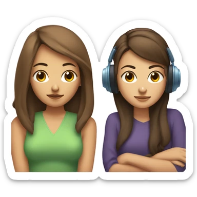 woman with brown, short hair wearing wired headphones sitting next to a woman with long brown hair resting her head on the other woman’s shoulder sticker
