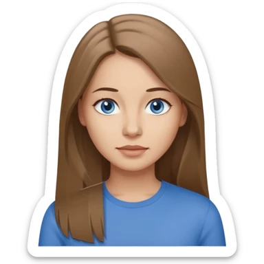 a woman, 30 years old, light skin with medium brown straight hair, long hair. blue eyes. No eyeglasses. Gray top. sticker