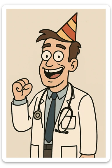smiling doctor with stethoscope and party hat, minimal style sticker