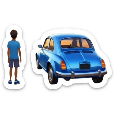 A parked blue car sits quietly on the side of an open road, facing a breathtaking sunset. Two people stand outside, backs turned, watching the horizon. The road stretches endlessly ahead, surrounded by a peaceful, glowing landscape full of light, warmth, and possibilit sticker