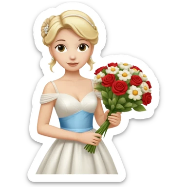 Chica blanca, cabello rubio, recogido en moño alto con mechones, vestido novia , cuerpo entero, ramo de flores en una mano, cola trasera sticker