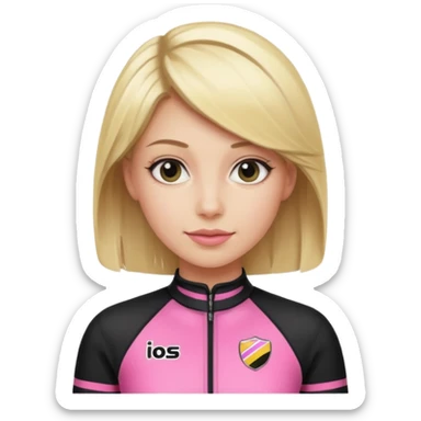 blonde woman with black racing outfit with pink strips sticker