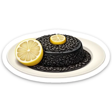 cinematic-realistic-black-risotto-dish,-showcasing-dramatic-lighting in a white plate with a single slice of grilled lemon on top sticker