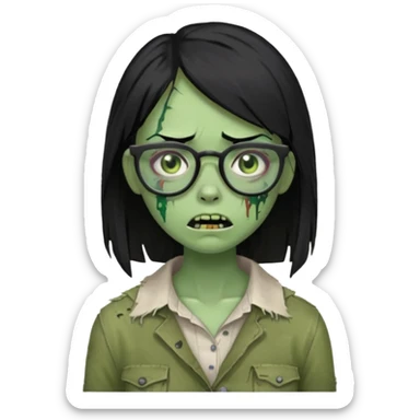 garota zumbi verde com o cabelo preto liso abaixo do ombro, que use óculos sticker