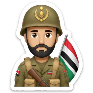 A tired and sad, swarthy Iraqi soldier with a beard, an Iraqi flag on his helmet, a sad expression and bags under his eyes sticker