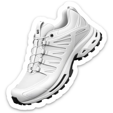 Completely all-white Salomon XT-6 shoes with no colored details whatsoever, one positioned behind the other, pure white minimalist design, iOS emoji style sticker