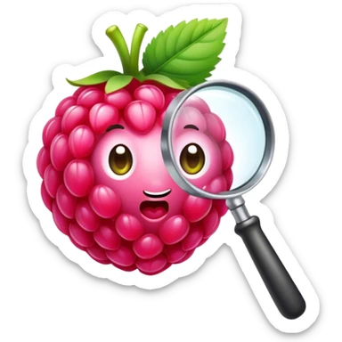 A single pink raspberry holding a magnifier remove face sticker