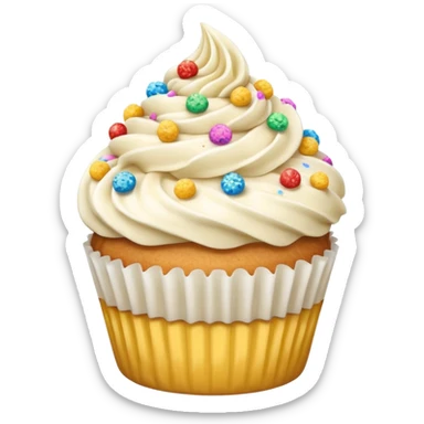 Vanilla cupcake, with vanilla frosting and crushed up cereal pieces on top with sprinkles sticker