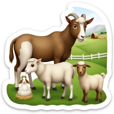 Icon for Domestic Hooved Animals: A gentle collage featuring a brown goat with large, curious eyes, a calm sheep with soft wool and a horse with a flowing mane. Background with a green pasture and a few hay bales. Transparent background. sticker