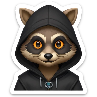 gothic thief raccoon portrait, head and shoulders only, dark hood, glowing eyes, mysterious sneaky grin, 3D cartoon, mobile game icon style, clean background, no text, no watermark
 sticker