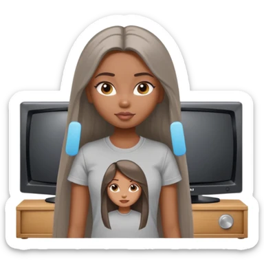 a pretty bratz dusky girl with long straight hair watching tv and wearing a grey tshirt sticker