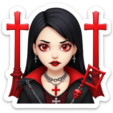 a girl with a very light skin,red eyes,fangs like vampire,black hair with red mesh,with goth clothes and a chain with a cross on it sticker