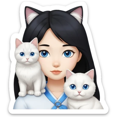 black hair Asiangirl with White British longhair cat blue eyes  sticker