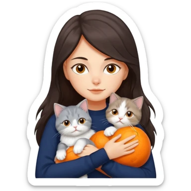 a girl with long dark brown hair, in a navy sweater, hugs a persian peaknose grey cat and persian peaknose orange and white kitten sticker
