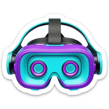 Futuristic glowing neon VR headset emoji, purple and cyan light, dark background, digital tech style sticker