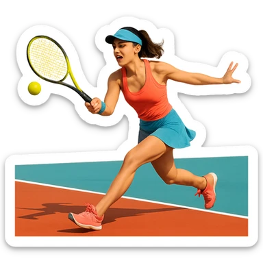 a woman tennis player, energetic pose, modern sportswear, on a tennis court, vibrant colors, clean background sticker