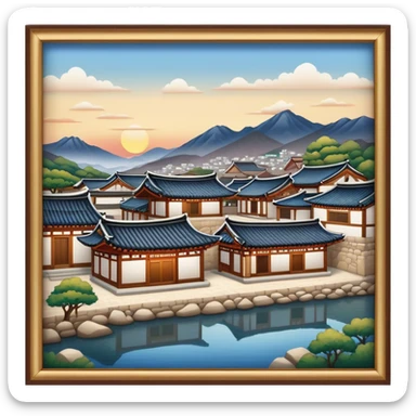Cinematic Realistic Bukchon Hanok Village Landmark Emoji, depicted with traditional Korean houses set against a scenic backdrop rendered with detailed textures and warm, inviting lighting. sticker