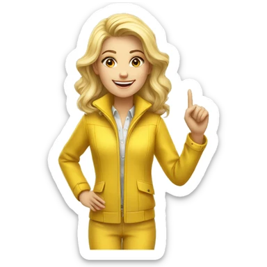 a beautiful blonde girl dressed in a yellow jacket suit. she is smiling and has one hand pointing at something above her. sticker