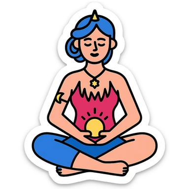 Detailed, feminine, cute vector style illustration of a girl sitting in lotus pose holding glowing energy in her hands. The appearance and style are highly refined as in the reference. Soft lines with shadows and highlights, transparent background. sticker