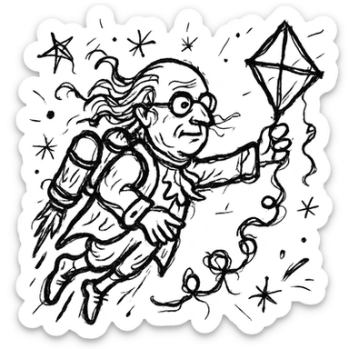 Ben Franklin with jetpack, left hand holding diamond kite, right arm out as if flying, minimalist black outline, slightly chaotic lines sticker