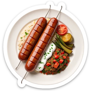 Cinematic Realistic image of a long, sausage-shaped Turkish Köfte, rendered with richly spiced meat textures and subtle grill marks, artfully arranged on a traditional Turkish ceramic plate alongside classic sides such as a serving of aromatic pilaf, crisp grilled vegetables, and a dollop of creamy yogurt, all bathed in warm, appetizing lighting that emphasizes its savory allure. sticker