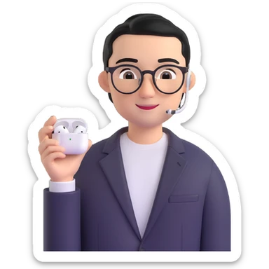 Memoji-style 3D cartoon male, light skin, short black hair parted to one side, round black eyes, thin arched brows, sharp nose, smiling, round glasses, silver AirPods Max headphones, black blazer, white T-shirt, smart casual, curious and attentive, podcast host sticker
