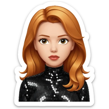 Scarlett Johansson with long reddish blonde hair, black sequin outfit sticker