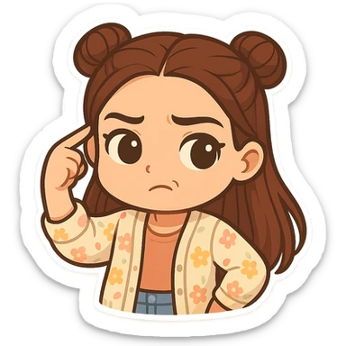 Create a chibi sticker of the girl from the reference image. She is twirling her finger at her temple with a sarcastic, skeptical face (not angry). She has brown straight hair styled in double buns, brown eyes, wearing a pastel floral cardigan and jeans. The sticker should have a white outline and a transparent background, sized 512x512px. sticker