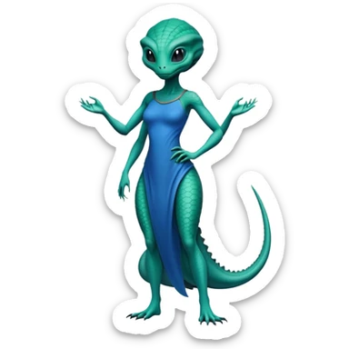 a Reptilian alien woman, full body, in bue dress sticker