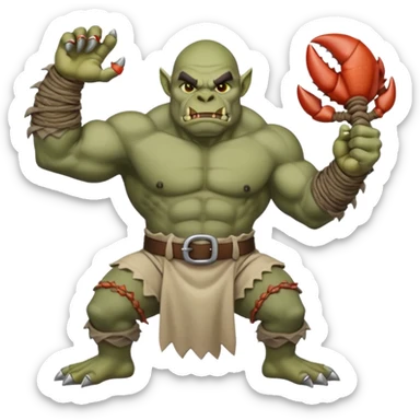 orc male Belt of defeated "Pesky Sand Crab" claws, flexing with a net full of loot. sticker