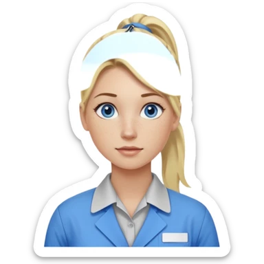 Just a head, blonde hair with lowlights in a ponytail, blue eyes, some freckles, a little older female ready to get some tasks done at work, no body and just one pony high on the back of the heard sticker