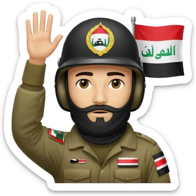 surrenders, depicts an Iraqi soldier from 1980, with a beard, in a helmet, a helmet with sign flag Iraq, with a balaclava, with sad eyes and both hands raised up sticker