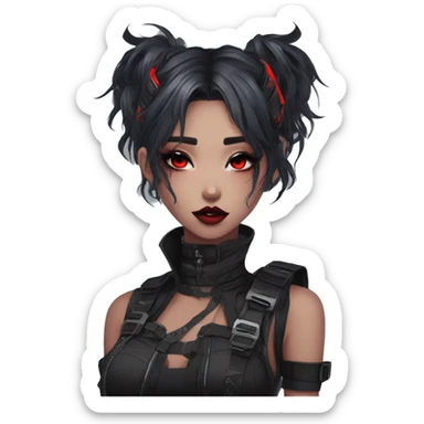 Gorgeous futuristic gothic techwear anime style lady with blushing face aesthetic and pretty edgy black red punk messy wild cute hair with collar and harness trending style sticker