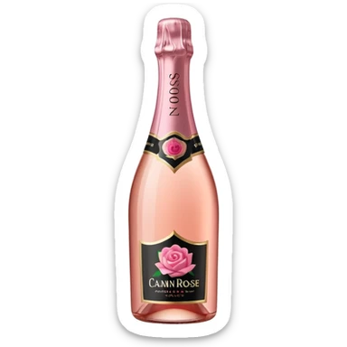 bottle of sparkling rosé champagne with a rose logo on the label, tilted up and to the right, no glass sticker