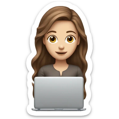 White girl with long brown hair and brown eyes with laptop sticker